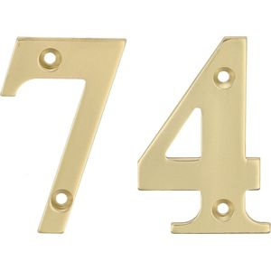 AMIG Huisnummer 74 - massief messing - 5cm - incl. bijpassende schroeven - gepolijst - goudkleur