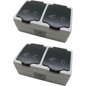 Wandstopcontact dubbel voor buiten - 2x - met randaarde en klep - plastic - grijs