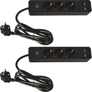 Stekkerdoos 3-voudig en 2x USB - met randaarde en schakelaar - zwart - snoer van 140 cm - Stekkerblokken