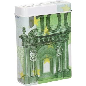 Sigarettendoosje of klein opslag blikje - metaal - 100 euro biljetten print - met deksel - 7 x 9.5 x