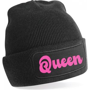 Bellatio Decorations Wintersport muts volwassenen - Queen - zwart - glitter - Apres ski beanie