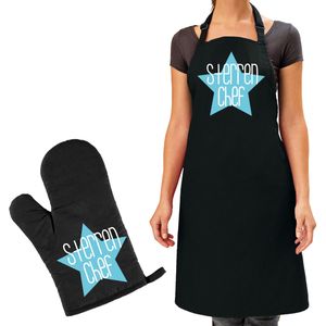 Bellatio Decorations Cadeau schort en ovenwant voor dames - sterren chef - blauw - verjaardag