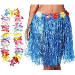 Hawaii verkleed hoela rokje en bloemenkrans met led - volwassenen - blauw - tropisch themafeest - Carnavalskostuums