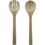 Salade schaal met sla couvert - RVS/bamboe - goud - serveerschaal - D29 x H14 cm