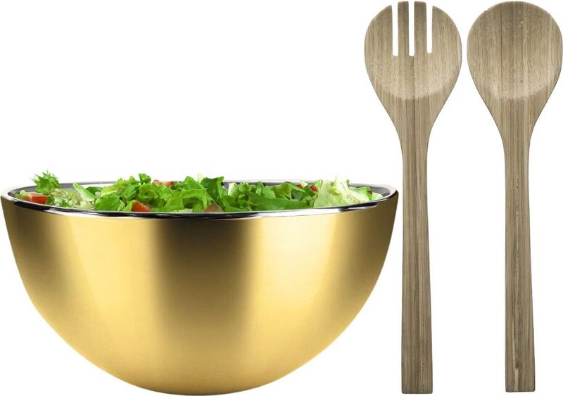 Salade schaal met sla couvert - RVS/bamboe - goud - serveerschaal - D29 x H14 cm