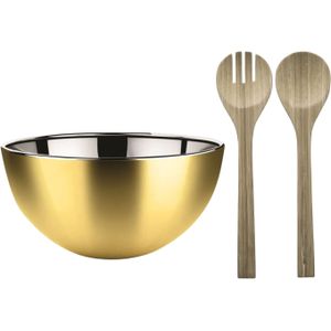 Salade schaal met sla couvert - RVS/bamboe - goud - serveerschaal - D23 x H11 cm