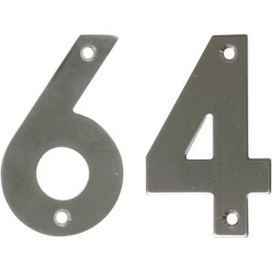 AMIG Huisnummer 64 - massief Inox RVS - 10cm - incl. bijpassende schroeven - zilver