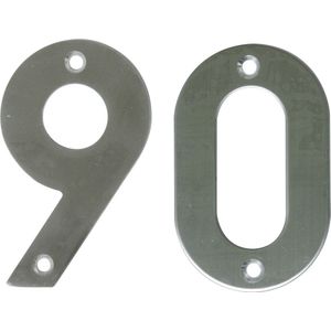 AMIG Huisnummer 90 - massief Inox RVS - 10cm - incl. bijpassende schroeven - zilver