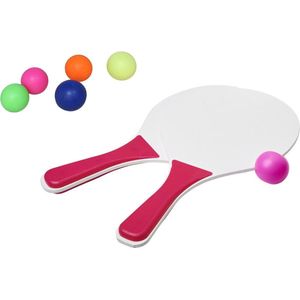 Beachball set wit/roze - hout - 6x multi kleur balletjes - rubber - strandbal speelset - Beachballsets