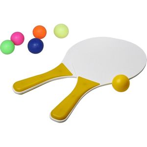 Beachball set wit/geel - hout - 6x multi kleur balletjes - rubber - strandbal speelset