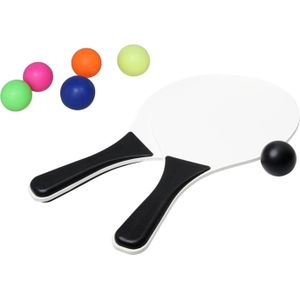 Beachball set wit/zwart - hout - 6x multi kleur balletjes - rubber - strandbal speelset - Beachballsets
