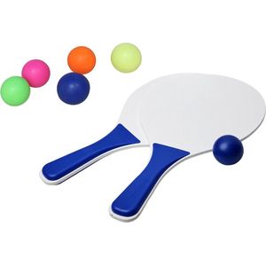 Beachball set wit/blauw - hout - 6x multi kleur balletjes - rubber - strandbal speelset