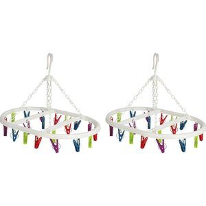 Wasgoed droogcarrousel/droogmolen - 2x - 20 clips/knijpers - multi kleuren - kunststof - 29 x 42 cm