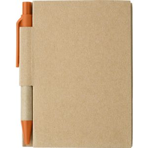 Notitie/opschrijf boekje met balpen - harde kartonnen kaft - beige/oranje - 11x8cm - 80blz gelinieerd - blocnotes