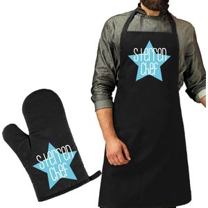 Cadeau schort met ovenwant - voor heren - blauw - Vaderdag/verjaardag