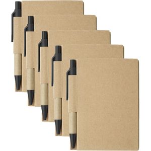 Notitie/opschrijf boekje met balpen - harde kartonnen kaft - beige/zwart - 10x8cm - 80blz gelinieerd - blocnotes