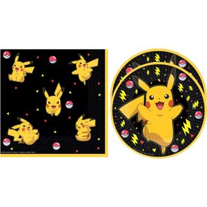 Amscan - Pokemon Themafeest - Servetten en Gebaksbordjes - Zwart/geel - Karton - 32x