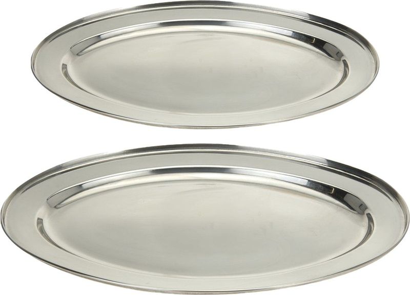 Excellent Houseware serveerschalen set - 2x stuks - ovaal - zilver - rvs - 35 x 21 cm/45 x 29 cm - voedsel serveren