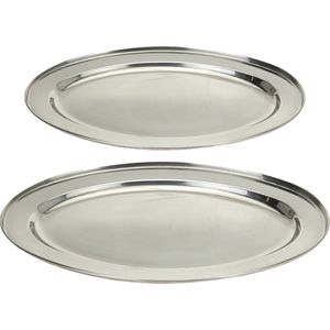 Excellent Houseware serveerschalen set - 2x stuks - ovaal - zilver - rvs - 40 x 26 cm/45 x 29 cm - voedsel serveren