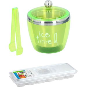 IJsemmer inclusief tang - groen - met ijsblokjesvorm - met deksel - kunststof