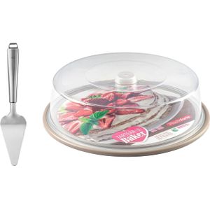 Plasticforte Taart/gebakjes bewaardoos - rond - taupe bodem - met taartschep rvs 27 cm