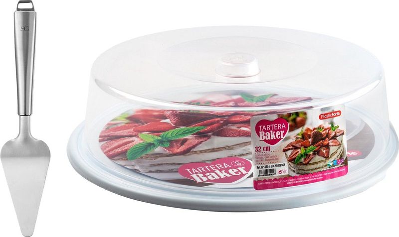 Plasticforte - Taartbewaardoos - Rond - Dia 32 cm - Bodem Wit - Set met Taartschep RVS 27 cm