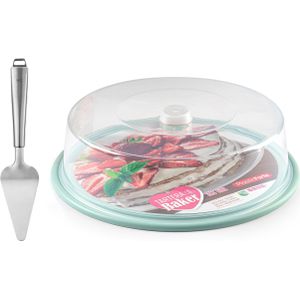 Plasticforte Taart/gebakjes bewaardoos - rond dia 32 cm - bodem mintgroen - met taartschep rvs 27 cm