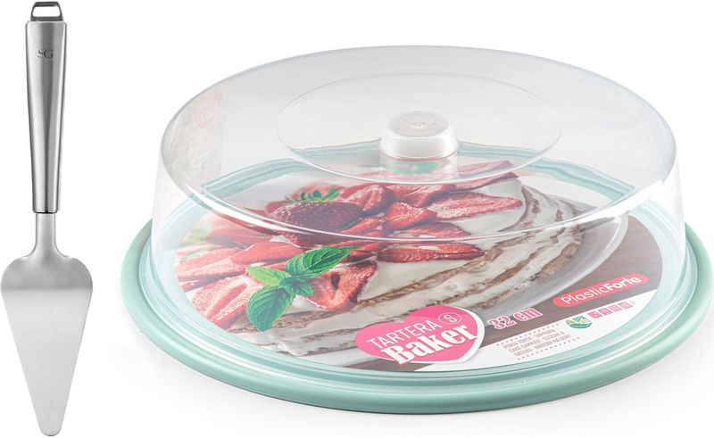 Plasticforte Taart/gebakjes bewaardoos - rond dia 32 cm - bodem mintgroen - met taartschep rvs 27 cm