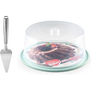 Plasticforte Taart/gebakjes bewaardoos - rond D32 x H15 cm - bodem mintgroen - met taartschep rvs 27 cm