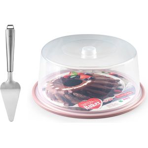 Plasticforte Taart/gebakjes bewaardoos - rond D32 x H15 cm - bodem roze - met taartschep rvs 27 cm