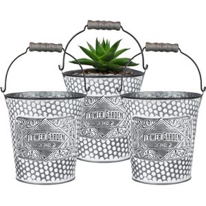 Sunnydays Emmer/plantenpot/bloempot - 3x - zink - zilver - D12.5 x H13 cm