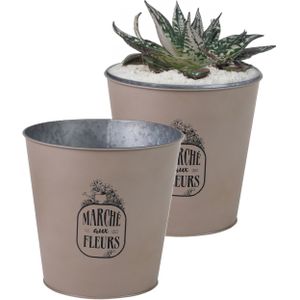 Sunnydays Emmer/plantenpot/bloempot - 2x - zink - taupe - D23 x H22 cm