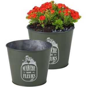 Sunnydays /plantenpot/bloempot - 2x - zink - legergroen - D17 x H14 cm