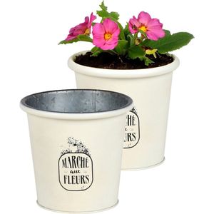 Plantenpot/bloempot  voor buiten - 2x - zink - ivoorwit - D14 x H13 cm - IJzeren emmer / teil
