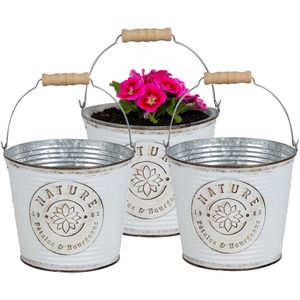 Plantenpot/bloempot emmer voor buiten - 3x - zink - ivoorwit - D17 x H14 cm - IJzeren emmer / teil