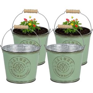 Plantenpot/bloempot emmer voor buiten - 4x - zink - jadegroen - D17 x H14 cm - IJzeren emmer / teil