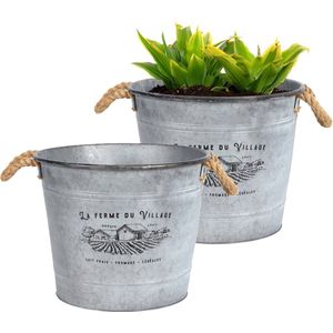 Sunnydays Emmer/plantenpot/bloempot - 2x - zink - zilver - D38 x H31 cm