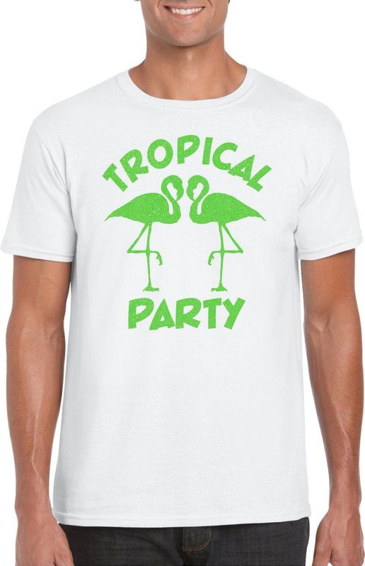 Bellatio Decorations Tropical party T-shirt heren - met glitters - wit groen - carnaval themafeest