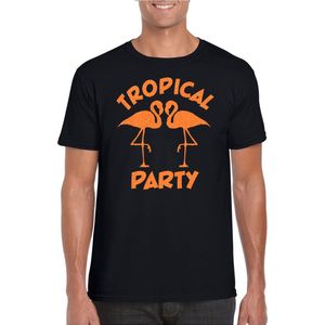 Bellatio Decorations - Tropical Party T-shirt - Zwart - Katoen - Bedrukt met Flamingo's