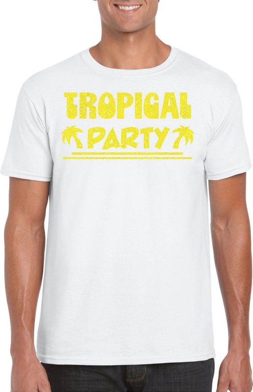Bellatio Decorations Tropical party T-shirt heren - met glitters - wit geel - carnaval themafeest