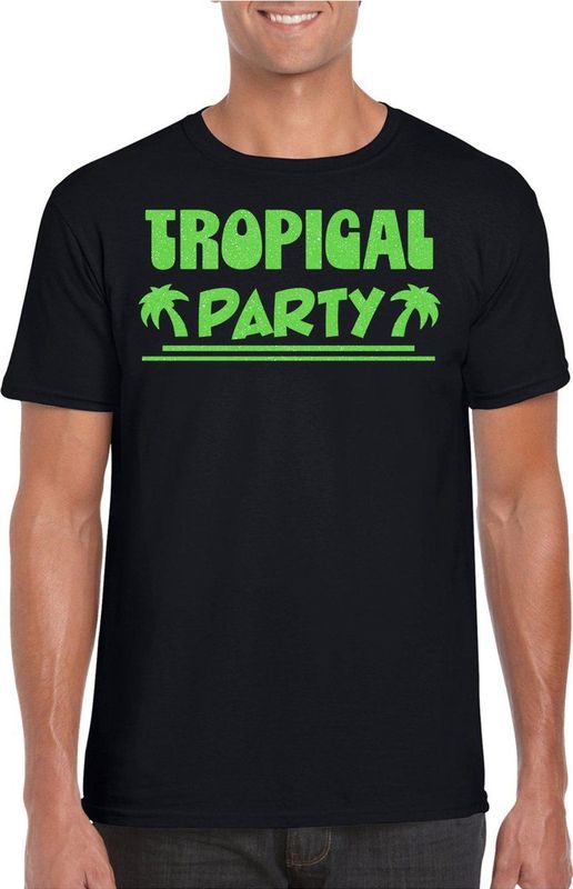 Toppers - Bellatio Decorations Tropical Party T-shirt - Zwart/Groen - Met Glitters