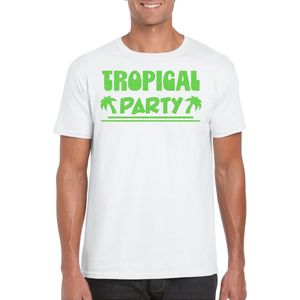 Bellatio Decorations Tropical party T-shirt heren - met glitters - wit groen - carnaval themafeest