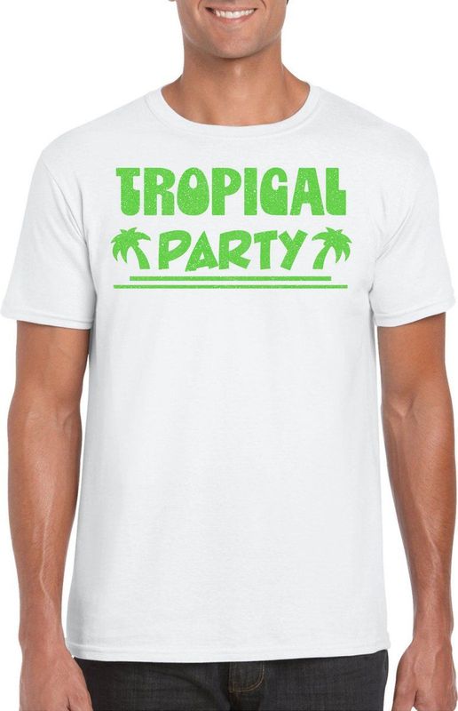 Bellatio Decorations Tropical party T-shirt heren - met glitters - wit groen - carnaval themafeest