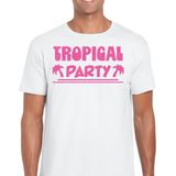 Bellatio Decorations Tropical party T-shirt heren - met glitters - wit roze - carnaval themafeest