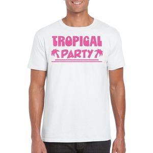 Bellatio Decorations Tropical party T-shirt heren - met glitters - wit roze - carnaval themafeest