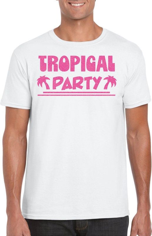 Bellatio Decorations Tropical party T-shirt heren - met glitters - wit roze - carnaval themafeest