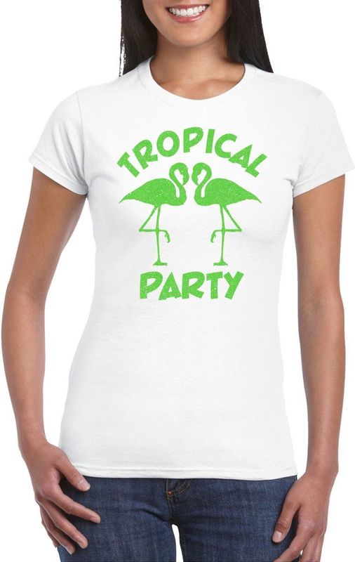 Bellatio Decorations Tropical party T-shirt dames - met glitters - wit groen - carnaval themafeest