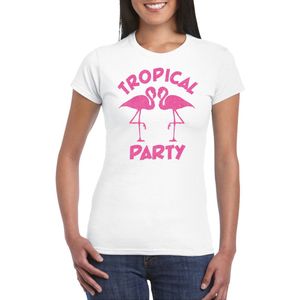 Bellatio Decorations Tropical party T-shirt dames - met glitters - wit roze - carnaval themafeest