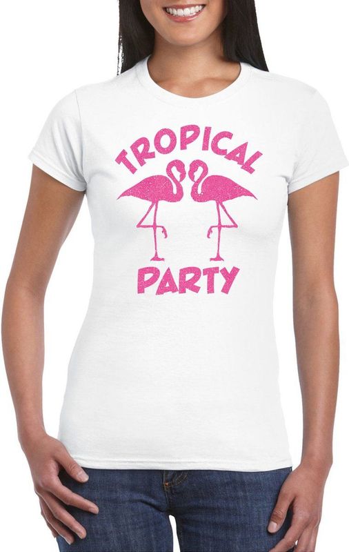 Bellatio Decorations Tropical party T-shirt dames - met glitters - wit roze - carnaval themafeest