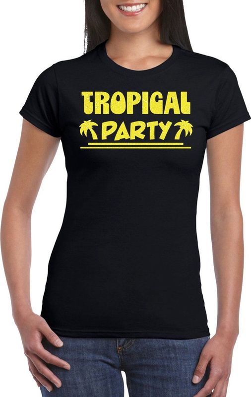 Bellatio Decorations Tropical party T-shirt dames - met glitters - zwart geel - carnaval themafeest